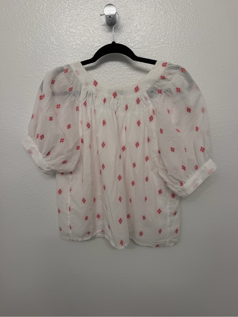 J. Crew White Puff-Sleeve Blouse with Pink Motif